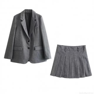 Women's French Vintage Grey Pinstripe Blazer and Pleated Mini Skirt 2 Piece Set Polyester Blend Chic Streetwear Suit Outfits For Office Daily Wear