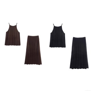 Women's Knitted Two Piece Skirt Set Halter Cami Top and High Waist Maxi Skirt Wave Texture Knitted Outfits Elegant Streetwear Women Clothing