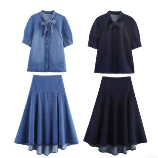 Women's Denim Two Piece Outfits Set Bow Knot Tie Short Sleeve Button Up Shirt And High Waisted Flare A-Line Pleated Midi Skirt Casual Streetwear Outfits