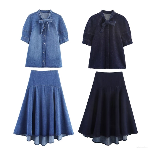 Women's Denim Two Piece Outfits Set Bow Knot Tie Short Sleeve Button Up Shirt And High Waisted Flare A-Line Pleated Midi Skirt Casual Streetwear Outfits