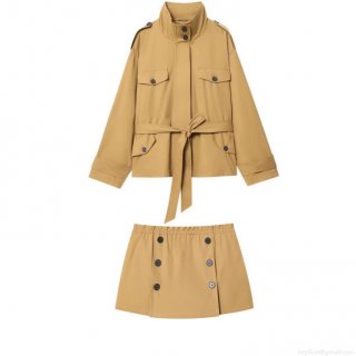 Women's Khaki Short Trench Coat And High Waist Double Breasted Skirt Set Casual Two Piece Outfits Work Streetwear Suit For Ladies