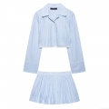 Women Light Blue Striped Polyester Long Sleeve Cropped Shirt And Pleated Mini Skirt Two Piece Set With Lace Hem Casual Streetwear Outfits For Women