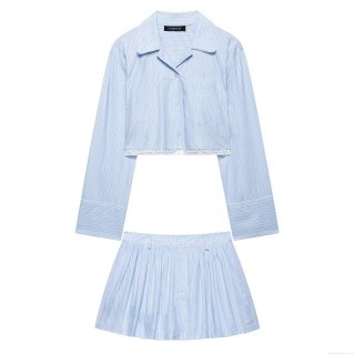 Women Light Blue Striped Polyester Long Sleeve Cropped Shirt And Pleated Mini Skirt Two Piece Set With Lace Hem Casual Streetwear Outfits For Women