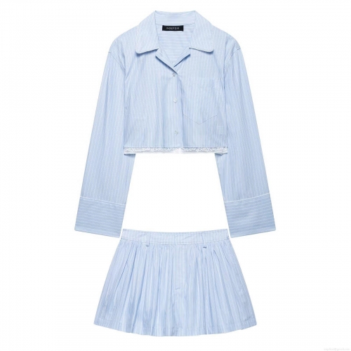 Women Light Blue Striped Polyester Long Sleeve Cropped Shirt And Pleated Mini Skirt Two Piece Set With Lace Hem Casual Streetwear Outfits For Women