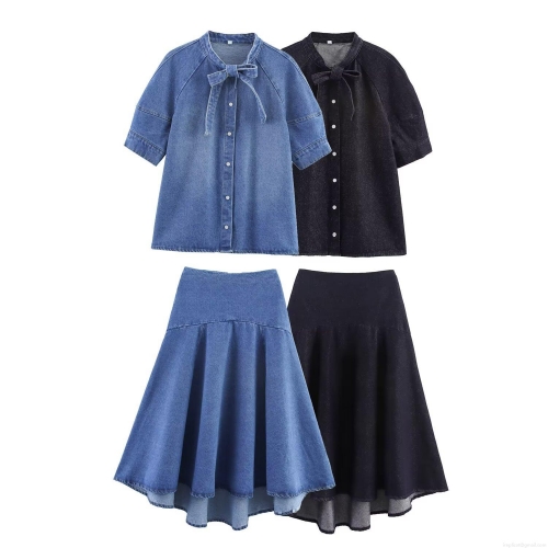 Women's 2 Piece Denim Skirt Set Elegant Bow Tie Neck Short Sleeve Shirt and High Low Midi Skirt Set Streetwear Outfits for Women