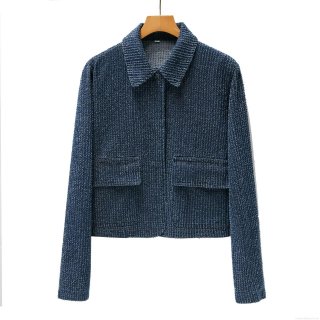 Women Western Style Navy Blue Tweed Textured Two Piece Set Long Sleeve Crop Jacket And Mini Skirt Casual Streetwear Matching Set For Lady Office Daily
