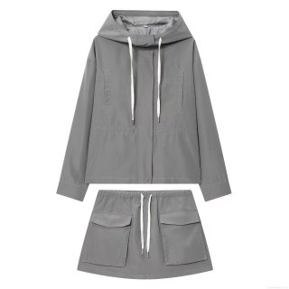 Women's Two Piece Set Solid Polyester Hooded Jacket And Cargo Pocket Skort Casual Streetwear Outfits For Spring Autumn