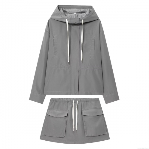 Women's Two Piece Set Solid Polyester Hooded Jacket And Cargo Pocket Skort Casual Streetwear Outfits For Spring Autumn