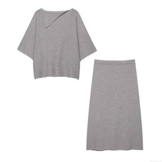 Women's Casual Knit Two-Piece Set 100% Polyester Asymmetric Collar Batwing Sleeve Sweater and High Waist Midi Skirt Solid Color Streetwear Co-ord Outfits Suit