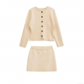 Women's 2 Piece Knit Skirt Set Long Sleeve Button Up Ribbed Cardigan And Mini A-Line Skirt Solid Color Casual Slim Fit Outfits For Ladies