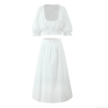 Women's Casual 100% Cotton Two-Piece Skirt Set Puff Sleeve Square Neck Crop Top and High Waist A-Line Maxi Skirt Summer Vacation Beach Outfits White Pink