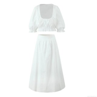 Women's Casual 100% Cotton Two-Piece Skirt Set Puff Sleeve Square Neck Crop Top and High Waist A-Line Maxi Skirt Summer Vacation Beach Outfits White Pink