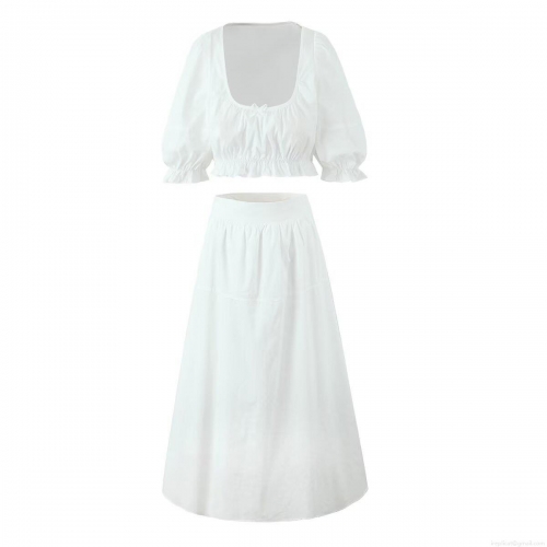 Women's Casual 100% Cotton Two-Piece Skirt Set Puff Sleeve Square Neck Crop Top and High Waist A-Line Maxi Skirt Summer Vacation Beach Outfits White Pink