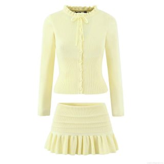 Women's Knitted Two Piece Set Long Sleeve Wood Ear Collar Cardigan Top And Ruffle Pleated Mini Skirt Set Solid Color Casual Streetwear Outfits For Women