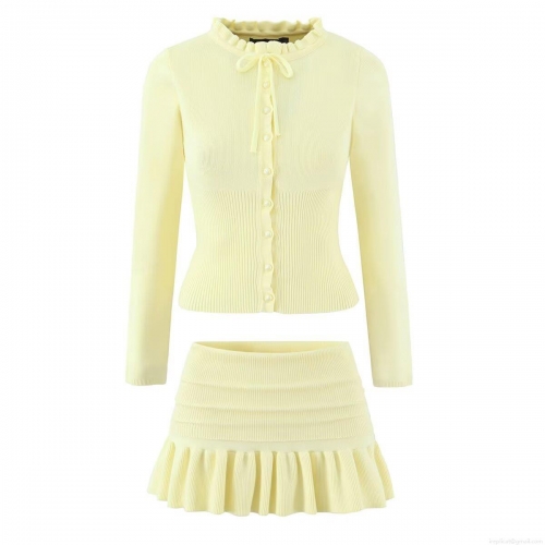 Women's Knitted Two Piece Set Long Sleeve Wood Ear Collar Cardigan Top And Ruffle Pleated Mini Skirt Set Solid Color Casual Streetwear Outfits For Women