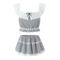 Women's Sweet Striped Crop Top and Mini Skirt Set Cotton Lace Patchwork Off Shoulder Two Piece Outfits Summer Casual Beachwear