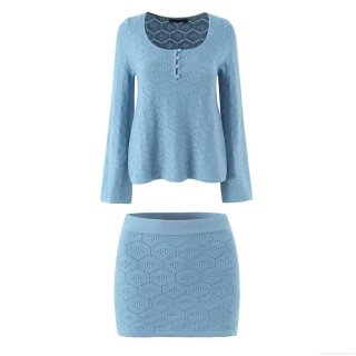 Women's French Style Hollow Out Knitted Skirt Set Long Sleeve Round Neck Sweater And Bodycon Mini Skirt Two Piece Outfits For Spring Summer
