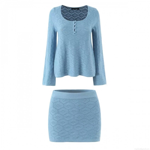 Women's French Style Hollow Out Knitted Skirt Set Long Sleeve Round Neck Sweater And Bodycon Mini Skirt Two Piece Outfits For Spring Summer