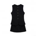 Women's Elegant Black Two Piece Set Sleeveless Single Breasted Vest Top and Mini Skirt Professional Office Lady Summer Outfits Party Wear
