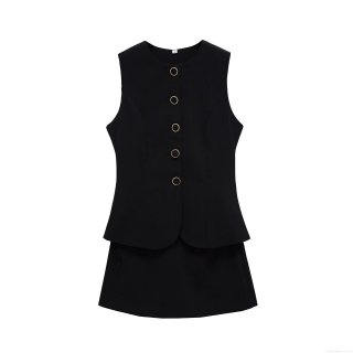 Women's Elegant Black Two Piece Set Sleeveless Single Breasted Vest Top and Mini Skirt Professional Office Lady Summer Outfits Party Wear