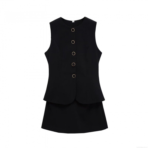 Women's Elegant Black Two Piece Set Sleeveless Single Breasted Vest Top and Mini Skirt Professional Office Lady Summer Outfits Party Wear