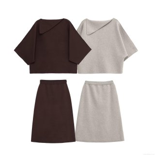 Women Elegant Knit Two Piece Skirt Set Asymmetrical Neck Short Sleeve Top And Midi A-Line Skirt Solid Color Casual Office Commute Streetwear Outfits