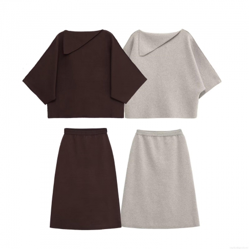 Women Elegant Knit Two Piece Skirt Set Asymmetrical Neck Short Sleeve Top And Midi A-Line Skirt Solid Color Casual Office Commute Streetwear Outfits