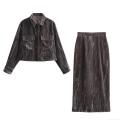 Women's Streetwear Crushed Velvet Two Piece Set Long Sleeve Crop Shirt Jacket And High Waist Maxi Skirt Charcoal Grey Solid Color Outfits