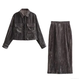Women's Streetwear Crushed Velvet Two Piece Set Long Sleeve Crop Shirt Jacket And High Waist Maxi Skirt Charcoal Grey Solid Color Outfits