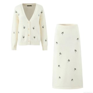 French Style Knit Cardigan And Skirt Set Elegant Lily Of Valley Embroidery V Neck Long Sleeve Sweater Mid Length Straight Skirt Two Piece Outfit For Women Spring Autumn Casual Streetwear
