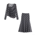 Women Mesh Plaid Two Piece Set Asymmetric Long Sleeve Top And A-Line Midi Skirt Streetwear Casual Elegant Outfit