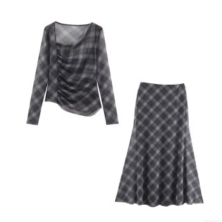 Women Mesh Plaid Two Piece Set Asymmetric Long Sleeve Top And A-Line Midi Skirt Streetwear Casual Elegant Outfit