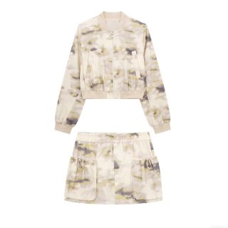 Women's 2 Piece Camouflage Print Bomber Jacket And Mini Skirt Set Streetwear Cargo Outfits Polyester Blend Casual Tracksuit Zip Up Top Short Skirts