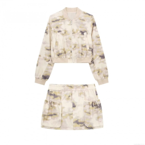 Women's 2 Piece Camouflage Print Bomber Jacket And Mini Skirt Set Streetwear Cargo Outfits Polyester Blend Casual Tracksuit Zip Up Top Short Skirts