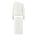 Women's 2 Piece Cotton Blend Skirt Set Off Shoulder Long Sleeve Oversized Sweatshirt And High Waist Slit Midi Skirt Solid Color Casual Streetwear Co-ords