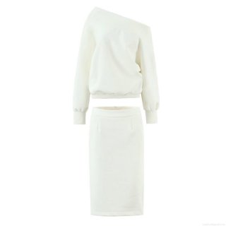 Women's 2 Piece Cotton Blend Skirt Set Off Shoulder Long Sleeve Oversized Sweatshirt And High Waist Slit Midi Skirt Solid Color Casual Streetwear Co-ords