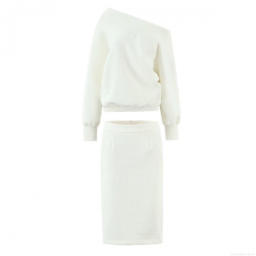 Women's 2 Piece Cotton Blend Skirt Set Off Shoulder Long Sleeve Oversized Sweatshirt And High Waist Slit Midi Skirt Solid Color Casual Streetwear Co-ords