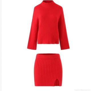 Women's Two Piece Ribbed Knit Skirt Set High Neck Long Sleeve Sweater And Side Slit Mini Skirt Sexy Slim Fit Knitwear Co-ords Outfits
