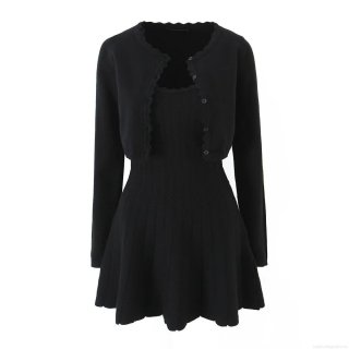 Women's Two-Piece Knit Set Scalloped Edge Long Sleeve Cardigan And Sleeveless Mini Slip Dress Solid Color Slim Fit Outfits For Daily Casual Party