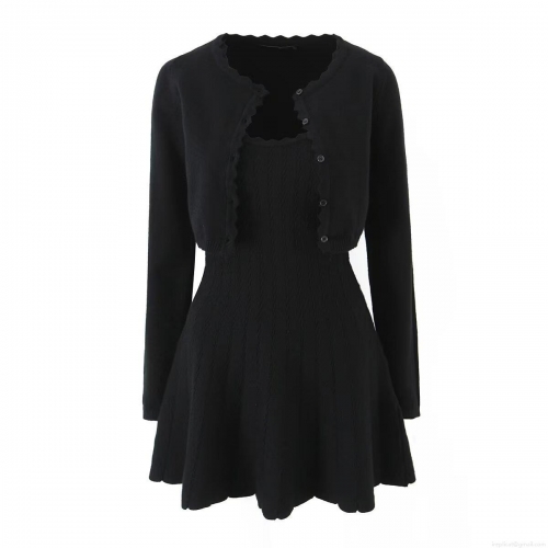 Women's Two-Piece Knit Set Scalloped Edge Long Sleeve Cardigan And Sleeveless Mini Slip Dress Solid Color Slim Fit Outfits For Daily Casual Party