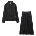 Women Black Burnout Chiffon Long Sleeve Shirt And High Waist Pleated Maxi Skirt Two Piece Set Semi Transparent Elegant Polyester Outfits For Party Streetwear