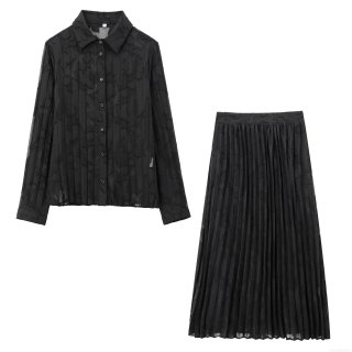 Women Black Burnout Chiffon Long Sleeve Shirt And High Waist Pleated Maxi Skirt Two Piece Set Semi Transparent Elegant Polyester Outfits For Party Streetwear