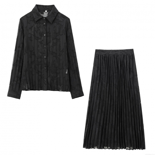 Women Black Burnout Chiffon Long Sleeve Shirt And High Waist Pleated Maxi Skirt Two Piece Set Semi Transparent Elegant Polyester Outfits For Party Streetwear