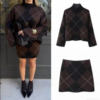 Women's Vintage Argyle Knit Two Piece Set High Neck Oversized Sweater and Mini Skirt Knitwear Suit for Autumn Winter Retro Streetwear Ladies