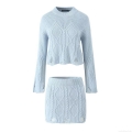 Women's Two Piece Knit Set Distressed Cable Knit Cropped Sweater And Bodycon Mini Skirt Set Long Sleeve Round Neck Solid Color Streetwear Co-ord Suit