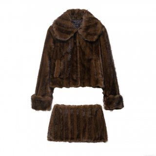 Women's Faux Fur Two Piece Set Long Sleeve Lapel Crop Jacket And Striped Mini Skirt Streetwear Outfits For Autumn Winter