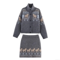Women's Vintage Jacquard Knit Set Mock Neck Button Down Cardigan And Mini Skirt Two Piece Suit Horse Snowflake Long Sleeve Outfit For Casual Daily Streetwear