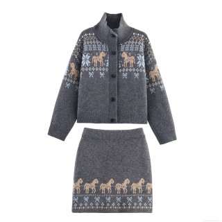 Women's Vintage Jacquard Knit Set Mock Neck Button Down Cardigan And Mini Skirt Two Piece Suit Horse Snowflake Long Sleeve Outfit For Casual Daily Streetwear