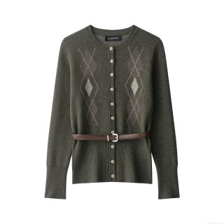 Women's Argyle Knit Cardigan And Midi Skirt Set With Belt Long Sleeve Button Up Sweater And Straight Knit Skirt Two Piece Outfits Casual Fashion