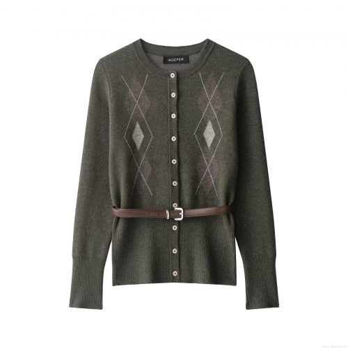 Women's Argyle Knit Cardigan And Midi Skirt Set With Belt Long Sleeve Button Up Sweater And Straight Knit Skirt Two Piece Outfits Casual Fashion